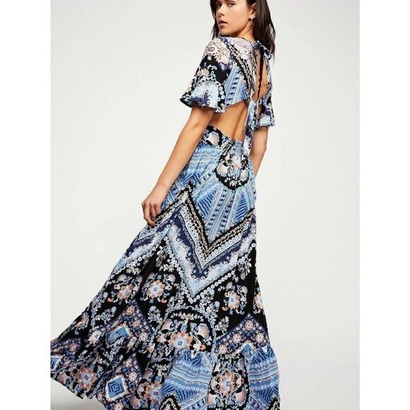 Free People Coco Printed Maxi Dress Blue Black Open Back Small - Picture 3 of 15